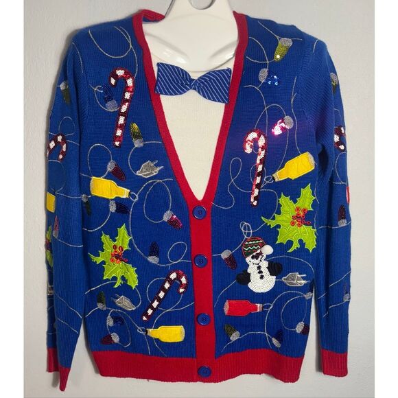 Jolly Sweaters Christmas Sweater Tie Holiday Party Beer Blue L Ugly Sweater - Picture 3 of 6